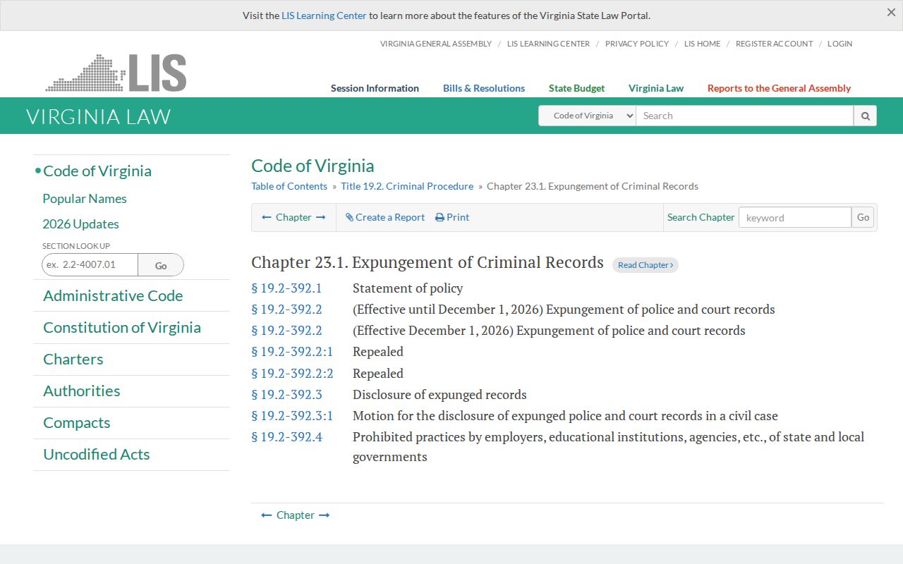 Virginia sealing and expungement law for Rockbridge County criminal records