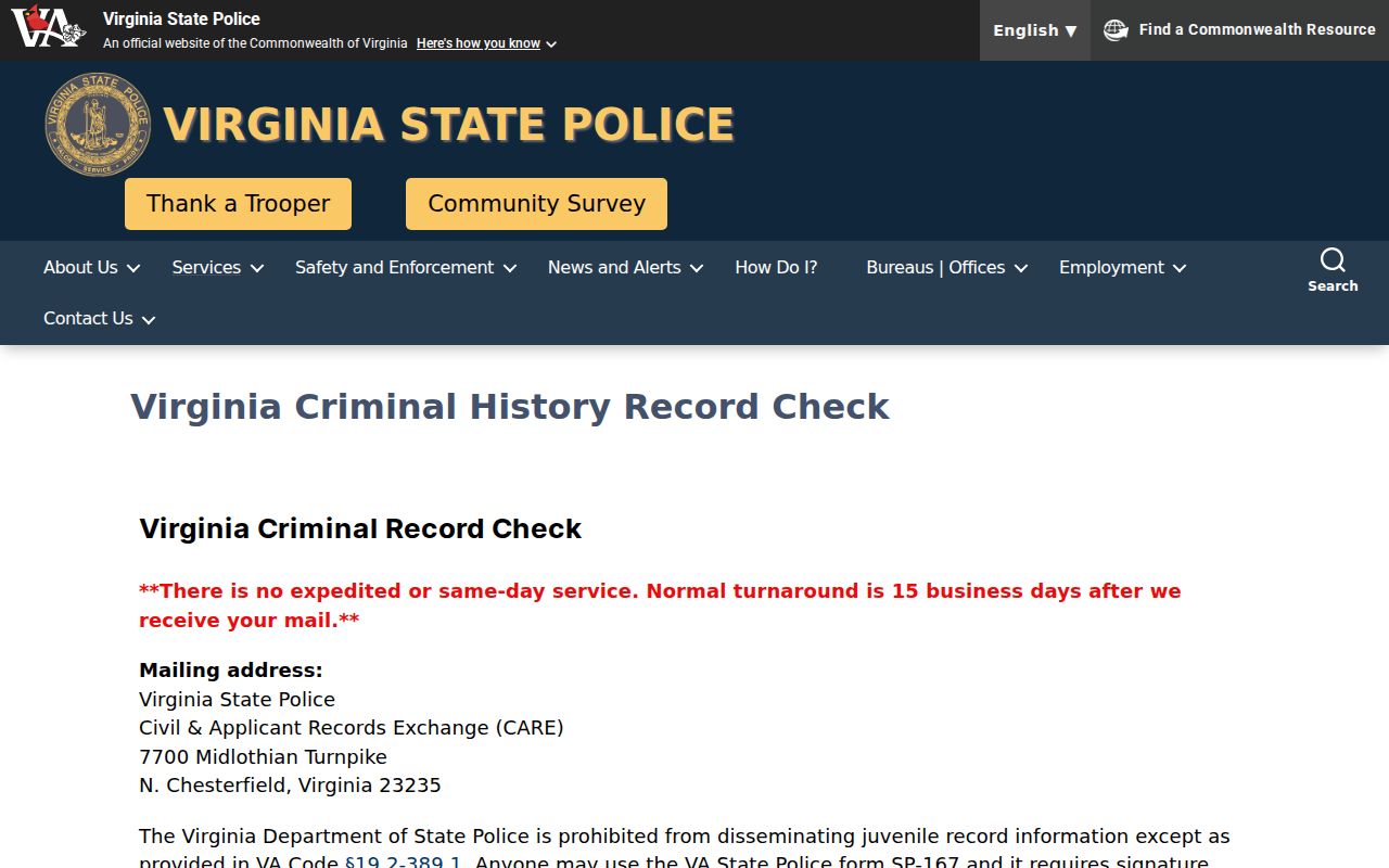 Virginia State Police options for Rockbridge County criminal history checks