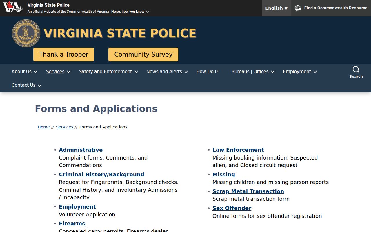 Virginia State Police forms for Rockbridge County criminal records